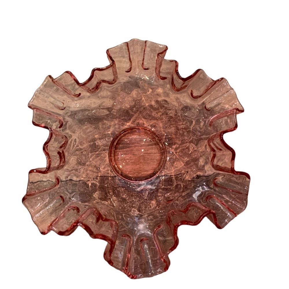 Fenton Cranberry Diamond Optic Pattern Candy Dish Ruffled Crimped Edge USA